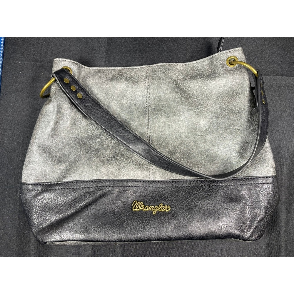 Wrangler Hobo Shoulder Bag Pewter Grey Black Vegan Leather Western Studded Logo‎